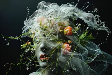 Closeup portrait of a woman with floral hair accessories, embodying natural beauty and feminine charm