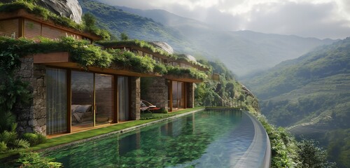 Wall Mural - An eco-friendly luxury cabin nestled on a mountain slope, with a natural swimming pool that uses greenery instead of tiles. 