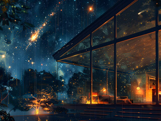 Wall Mural - A house with a large glass window overlooking a tree and a pond. The sky is filled with stars and a shooting star is visible