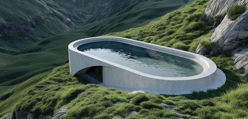 Wall Mural - An elegant, minimalist cabin on a green mountain, featuring an oval-shaped swimming pool. 