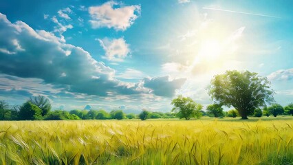 Wall Mural - sun shining over vast wheat field with lone tree, blue sky, and clouds