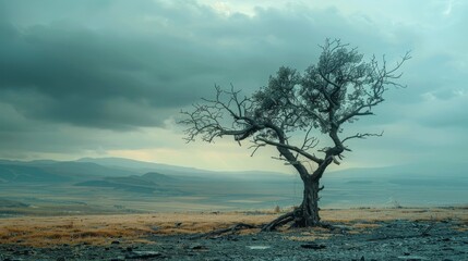 Wall Mural - A dead tree with a negative financial loss message, representing economic ruin, sharp and vivid, highquality, clear and somber image.