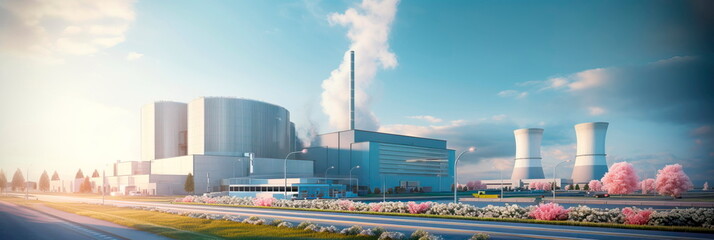 Nuclear Power Plant Exterior power plant, showcasing the reactor buildings . Generative AI