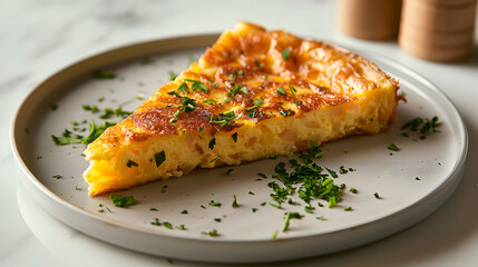 A slice of glossy Spanish omelette tortilla espa?ola with golden brown crust and fluffy interior garnished with herbs on a chic plate, photo realistic concept