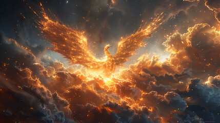 ethereal mural of a celestial phoenix rising from a sea of stars symbolizing hope and rebirth in the