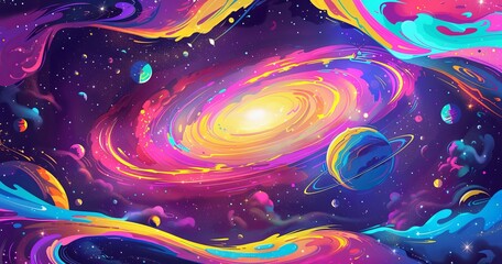 Wall Mural - concept art of a colorful swirling galaxy with planets and nebula, illustration, digital painting in the style of a fantasy style, cosmic background