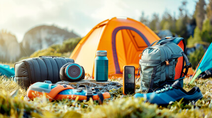Wall Mural - A vibrant camping scene with various outdoor gear, including an orange tent, backpack, sleeping bag, water bottle, climbing shoes, and a smartphone, set in a scenic, mountainous area.