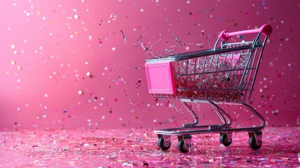 Wall Mural - Panoramic view of a shopping cart filled with party supplies and decorations, isolated on a vibrant pink background, including balloons