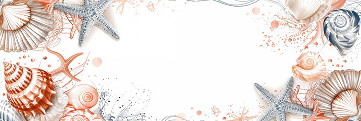 Wall Mural - Seashell and starfish banner on white background with watercolor effect. Panoramic web header. Wide screen wallpaper with copy space