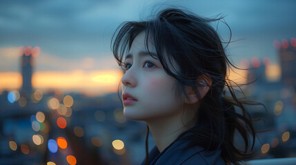 A young woman with windswept hair gazing thoughtfully into the distance, with a cityscape and sunset in the blurred background.