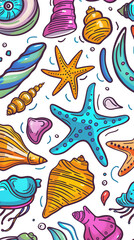 Wall Mural - Pattern with colorful starfish, seashells, coral and seaweed on white background