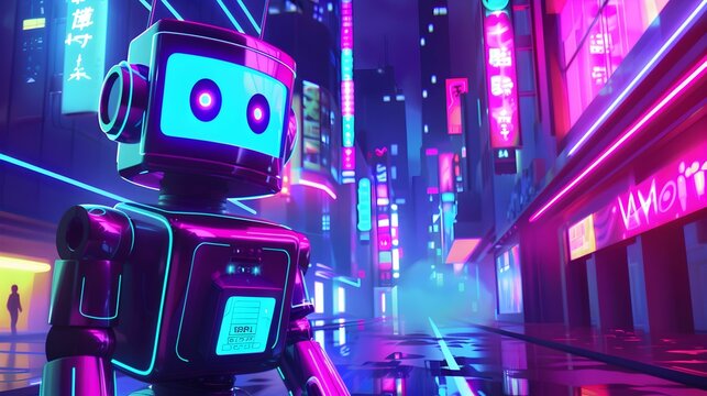 adorable robot exploring a vibrant, neon-lit futuristic city street, showcasing advanced technology 