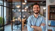 © LU - Portrait of young handsome smiling business guy wearing gray shirt and glasses, feeling confident with crossed arms,  isolated on white background