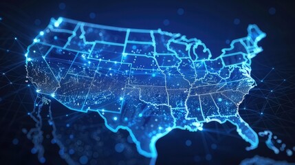 USA's digital map, representing the North America global network and connectivity, encompasses data transfer, cyber technology, information exchange, and telecommunication