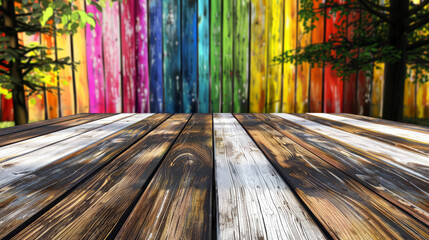 Colorful rainbow fence and wooden table background, vibrant outdoor scene representing diversity and creativity, bright and cheerful atmosphere, natural light.