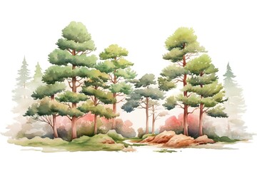 Wall Mural - illustration watercolor pine tree forest collection set, grungy texture aquarelle on white background