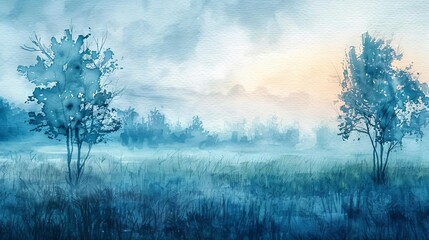 Wall Mural - tranquil foggy grassland with trees at serene sunrise misty meadow landscape watercolor