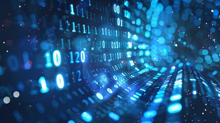 Wall Mural - Digital binary code background with blue bokeh lights and data technology