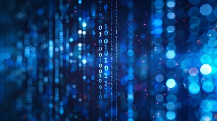 Wall Mural - Digital binary code background with blue bokeh lights and data technology