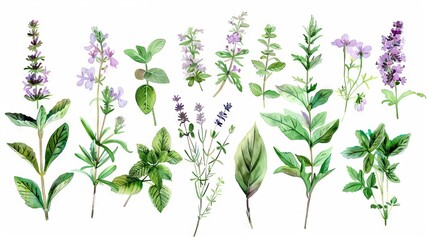 Wall Mural - watercolor set of fragrant garden herbs botanic illustration collection