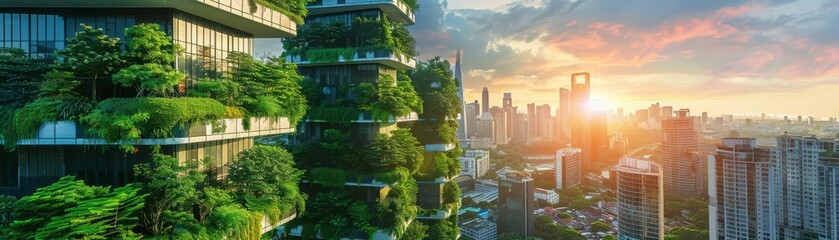 Sustainable urban landscape, modern towers and lush greenery highlighted by sunrise, visionary city planning