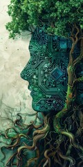 Wall Mural - Abstract portrait of nature and technology, green tree branches forming a human silhouette with intricate circuitry.