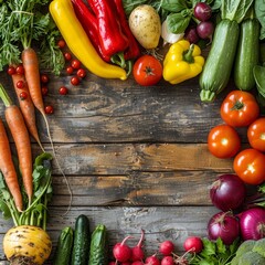 Wall Mural - Fresh vegetables on rustic wood background with copy space, top view, healthy food concept