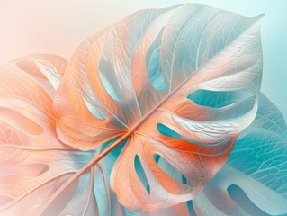 Wall Mural - pastel pink and blue monstera leaves in a minimalist style with soft lighting and blurred background