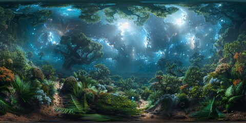 Canvas Print - An immersive 360-degree panorama of an exoplanetary forest, with towering trees and lush vegetation stretching as far as