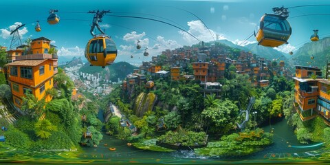 Sticker - An immersive 360-degree equirectangular panorama of Rio de Janeiro in the future, showcasing sustainable favela redevelopment projects with