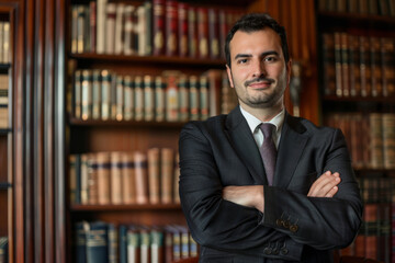 portrait of a confident lawyer standing with crossed arms against the a bookshelf