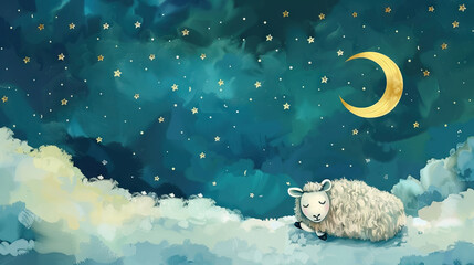 sheep sleeping above white clouds against starry night background with crescent moon and copy space for greeting card.