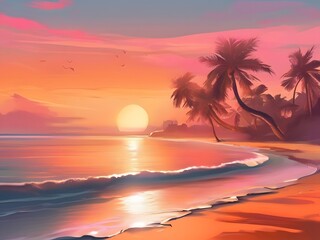 Art piece showcasing a tranquil beach bathed in a serene sunset