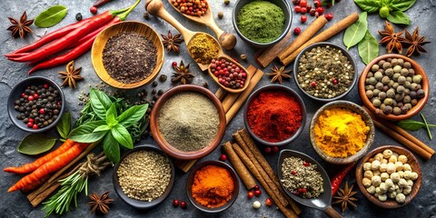Wall Mural - Knolling spices and herbs on a black stone table top. Food and cuisine ingredients. The concept of healthy and tasty food. Background for menu, invitation, card, banner, flyer