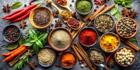 knolling spices and herbs on a black stone table top. food and cuisine ingredients. the concept of h