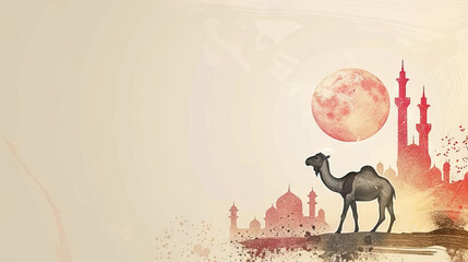Wall Mural - Eid al adha mubarak card with camel and mosque on beige background with copy space.