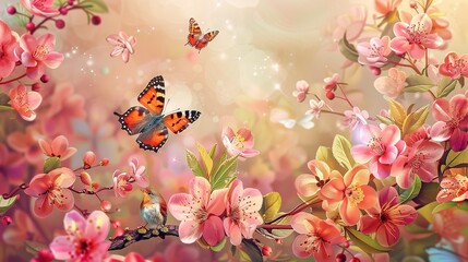 Wall Mural - Attractive Spring time composition with floral butterfly and seasonal elements, flowers and birds