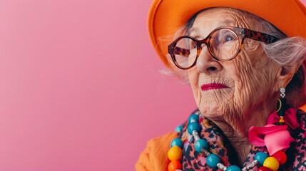 Design an editorial piece featuring an elderly woman in vibrant accessories
