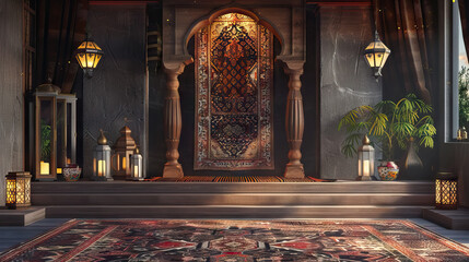 Sticker - empty podium set in an elegantly decorated room with ornate rugs, lanterns, and traditional Arabic decor.