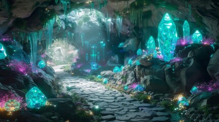 Wall Mural - color photo of a spellbinding underground sanctuary, a magical cave adorned with sparkling gemstones and ethereal glow,