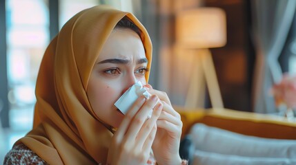 Muslim woman wearing a hijab veil headscarf is experiencing a cold by sneezing into a tissue. Unhealthy sick condition.