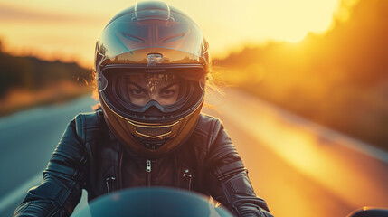 Poster - arafed woman in a leather jacket and helmet riding a motorcycle