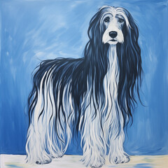 Wall Mural - painting of a black and white dog with long hair standing on a blue background