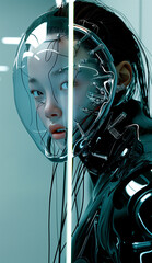 Poster - there is a woman in a futuristic suit with a mirror