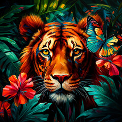 Wall Mural - painting of a tiger with a butterfly on its head surrounded by flowers