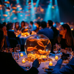 people sitting at a table with a fish bowl and candles