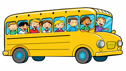 Wall Mural - A bright yellow school bus freshly painted and filled with chatter as young students eagerly climb aboard for their first day of class.. Cartoon Vector.