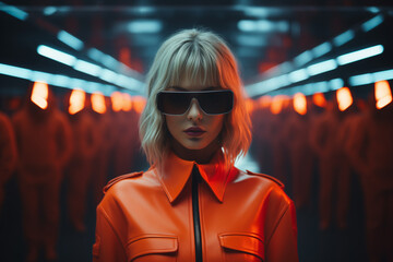 Poster - blond woman in orange leather jacket and sunglasses in a dark room