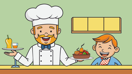 Canvas Print - A chef smiles triumphantly as they place a beautifully plated meal down in front of a customer. The dish is perfectly balanced and visually appealing. Cartoon Vector.