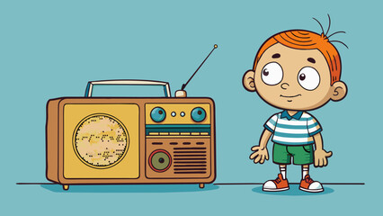 Canvas Print - A child standing next to a radio wideeyed and focused as he listens intently to the crackling static before finally tuning into his favorite station.. Cartoon Vector.